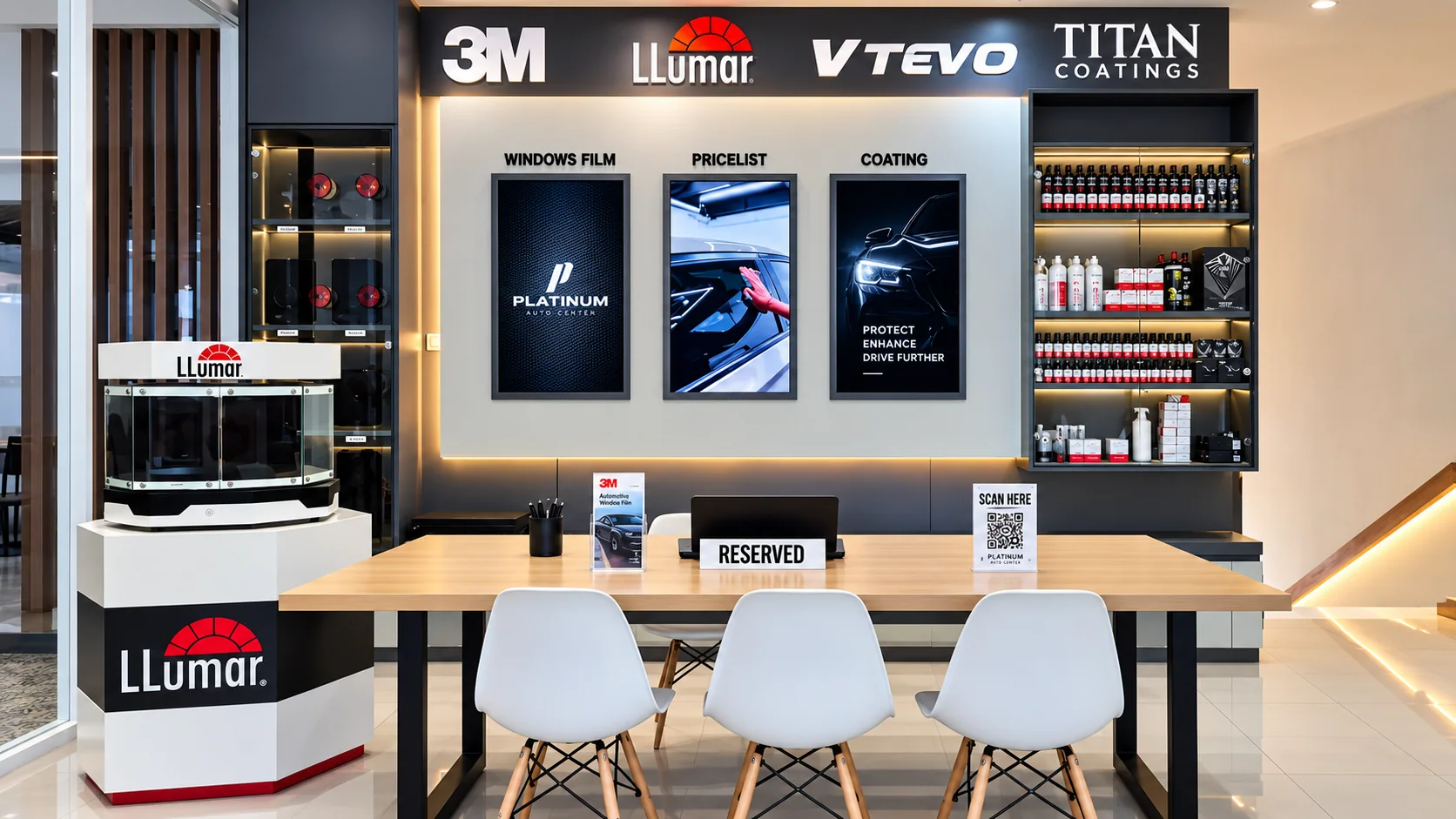 Area konsultasi coating dan display produk di Platinum Auto Center Cirebon