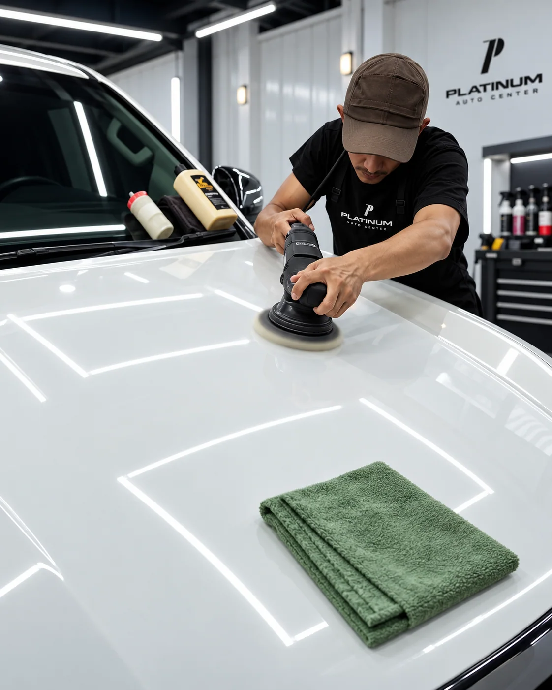Teknisi melakukan detailing pada mobil putih di ruang kerja khusus Platinum