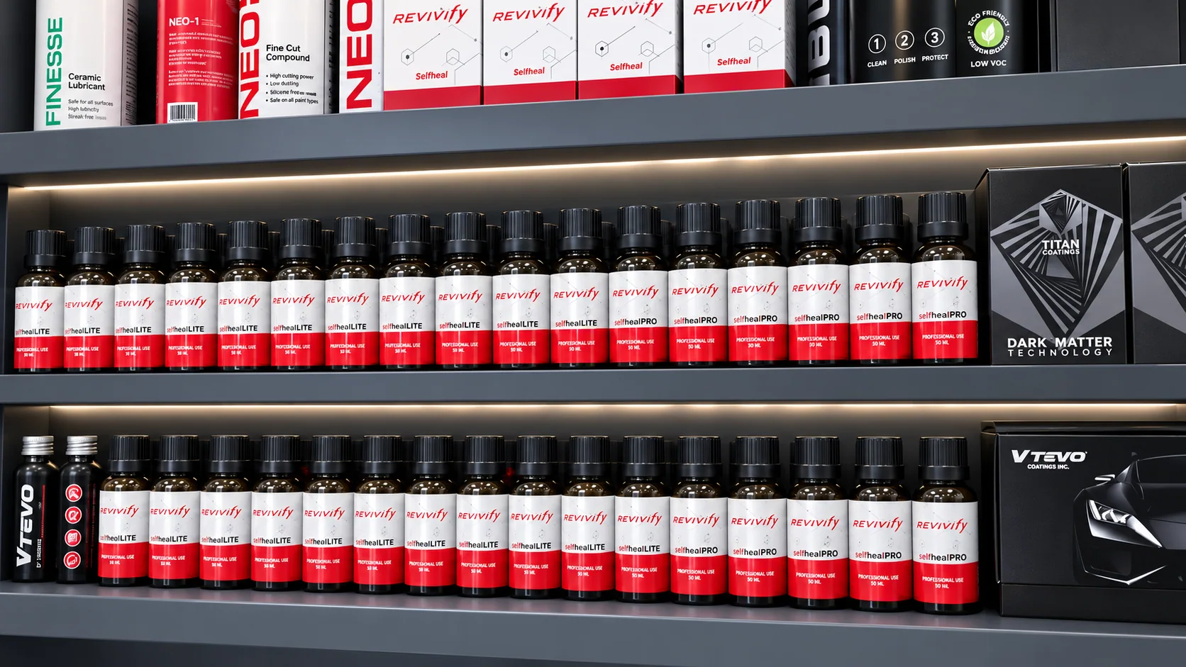 Display produk coating internasional REVIVIFY dan TEVO di Platinum Auto Center