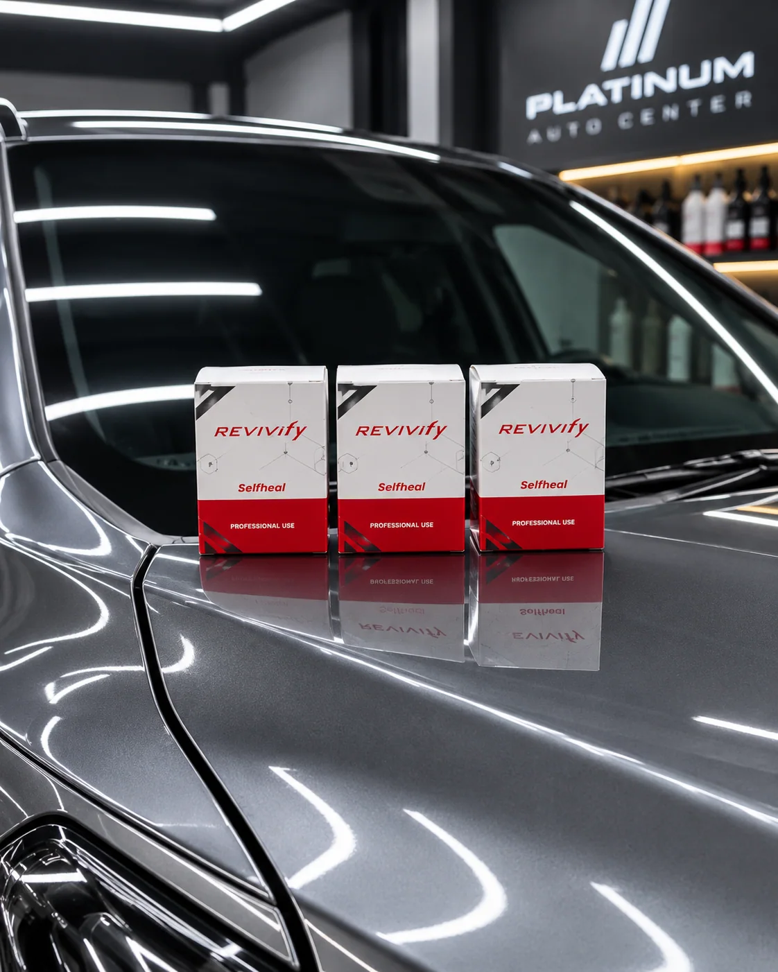 Produk coating REVIVIFY di atas mobil yang berada di ruang detailing Platinum
