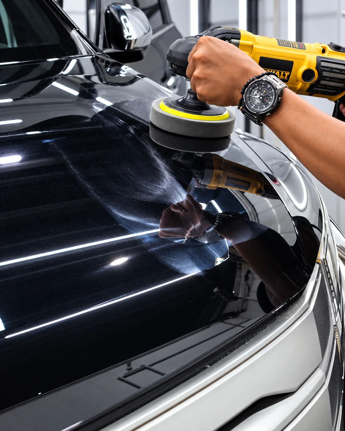Proses rotary polishing pada kap mobil hitam di area detailing Platinum