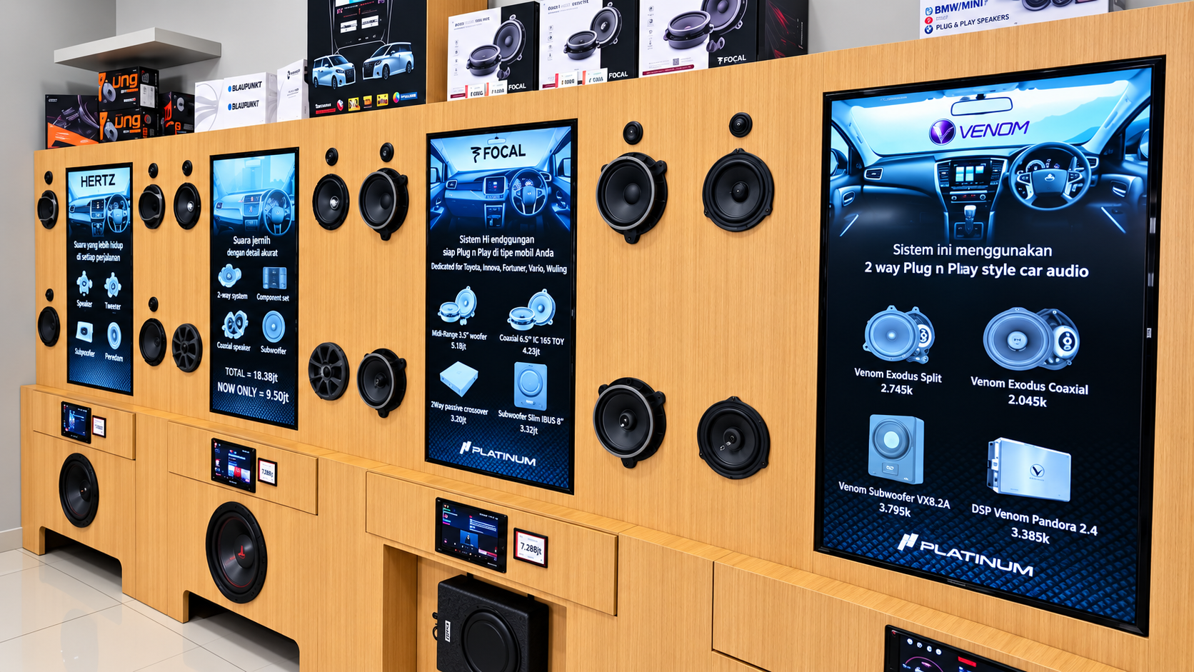 Dinding demo audio Platinum dengan beberapa pilihan speaker, subwoofer, dan layar informasi