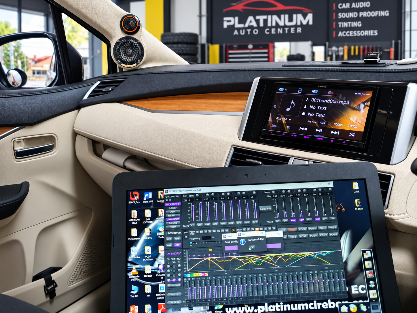 Proses penyesuaian DSP audio di dalam mobil oleh tim Platinum Auto Center