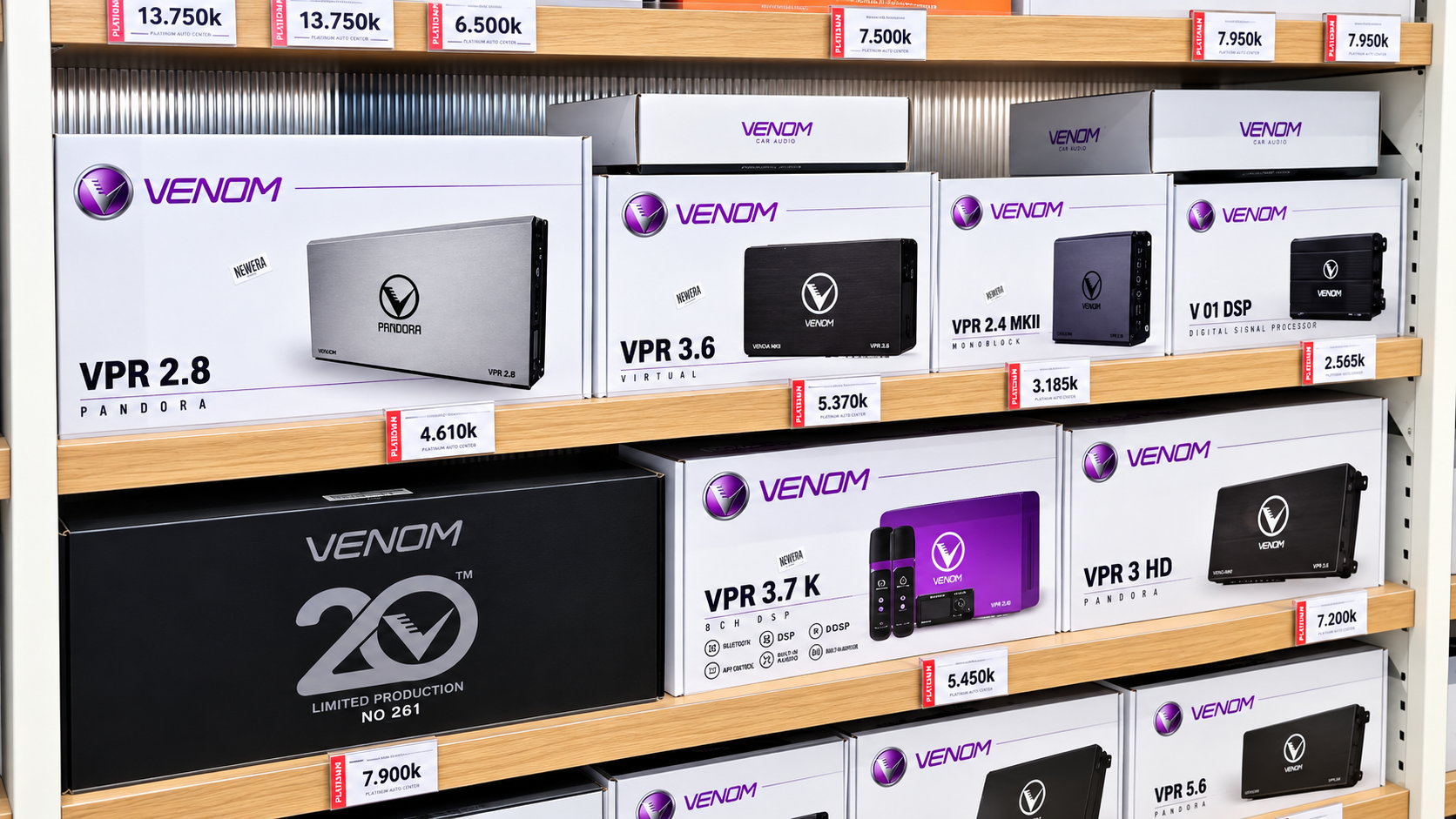 Rak ready stock produk Daily Car Audio dengan label harga di Platinum Auto Center