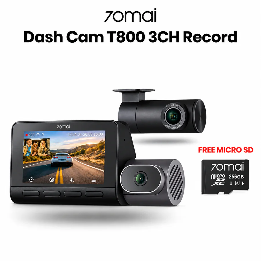 Visual konfigurasi dashcam tiga kamera untuk depan, belakang, dan kabin