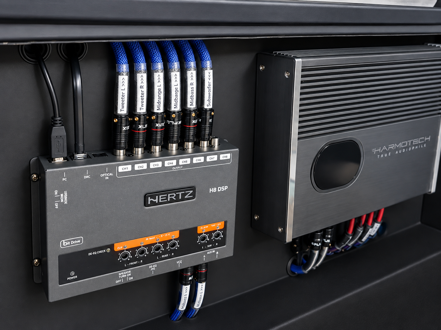 DSP Hertz dan amplifier terpasang dengan wiring yang terorganisir
