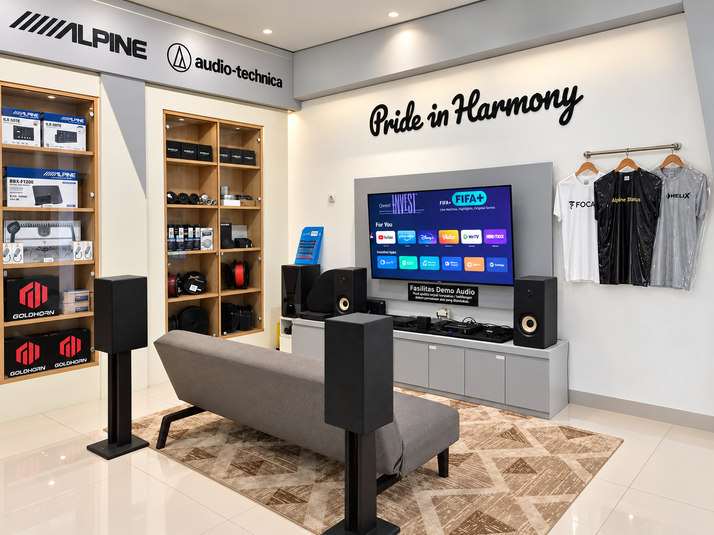 Listening area Elite X dengan speaker referensi dan tempat duduk untuk konsultasi