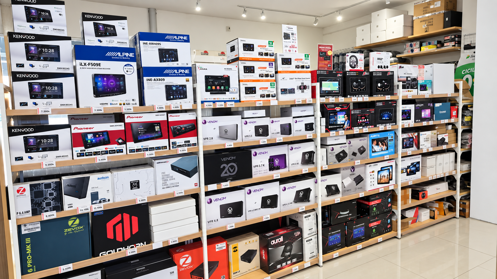 Rak display produk Head Unit dengan pilihan merek dan label harga di showroom Platinum Auto Center