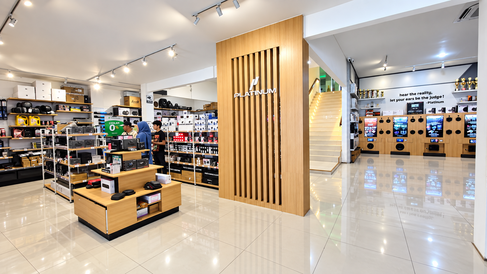 Showroom Platinum Auto Center Cirebon dengan area display produk dan demo audio
