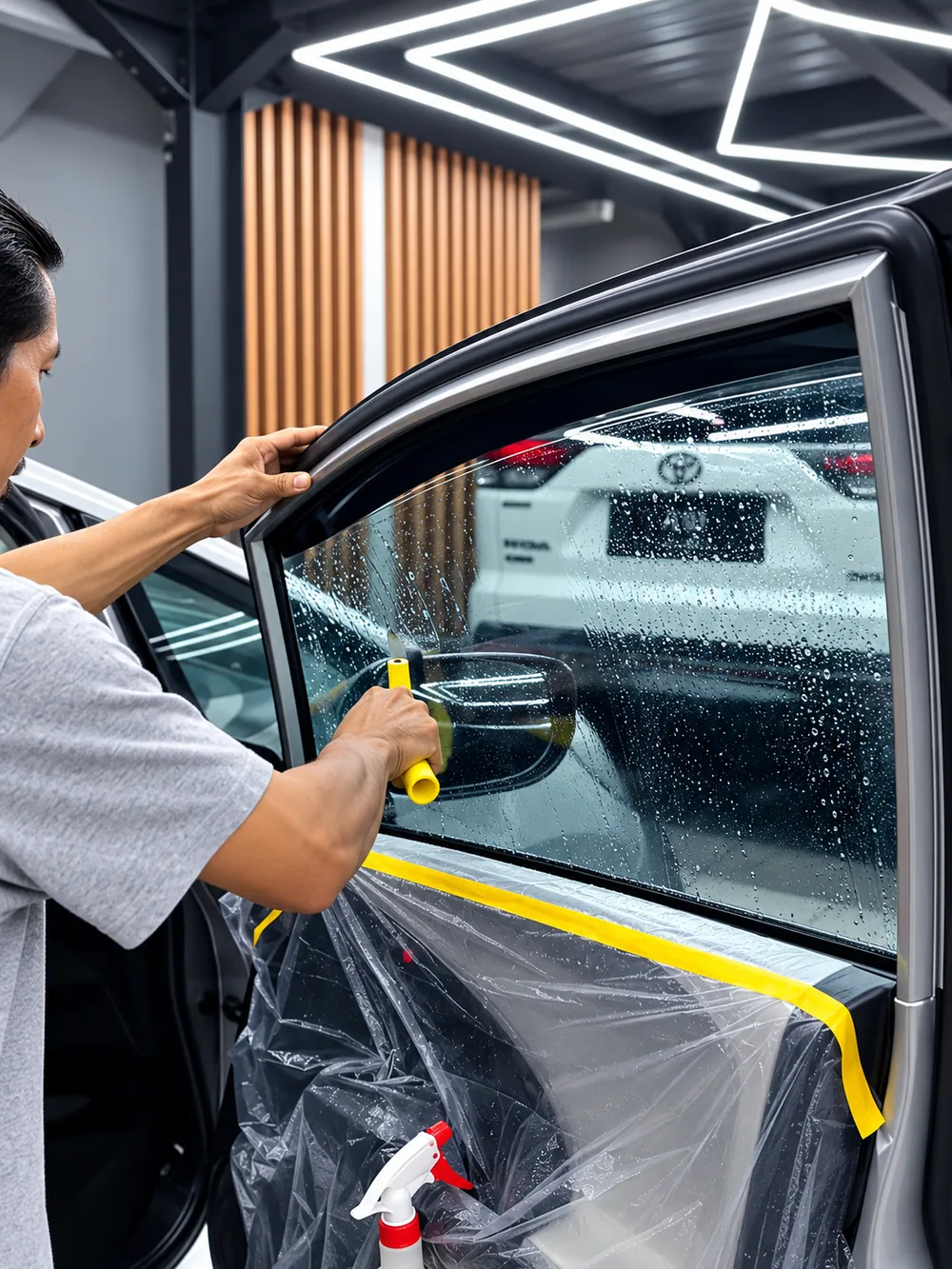 Teknisi merapikan kaca film pada kaca pintu mobil