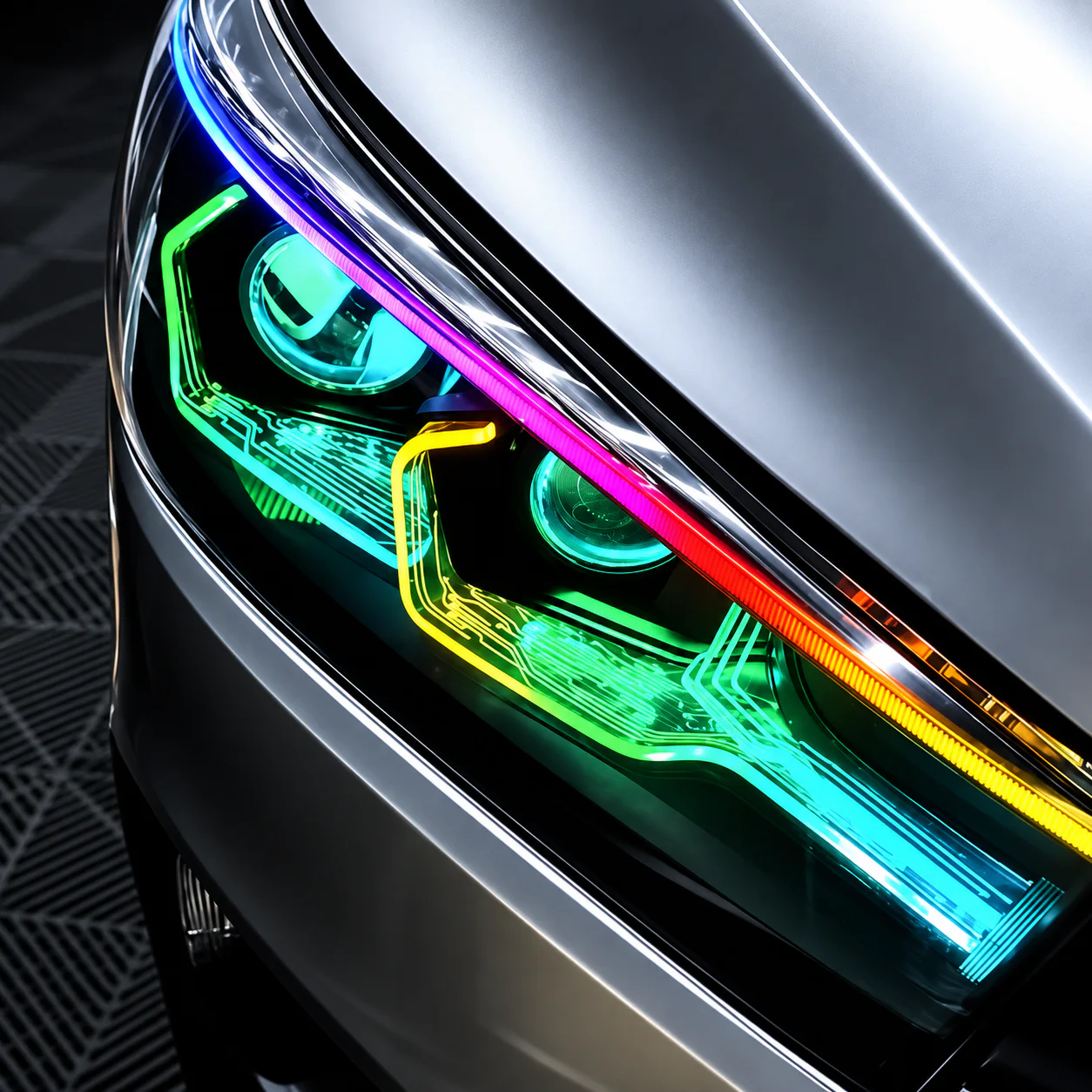 Detail headlamp projector dengan pencahayaan warna pada kendaraan