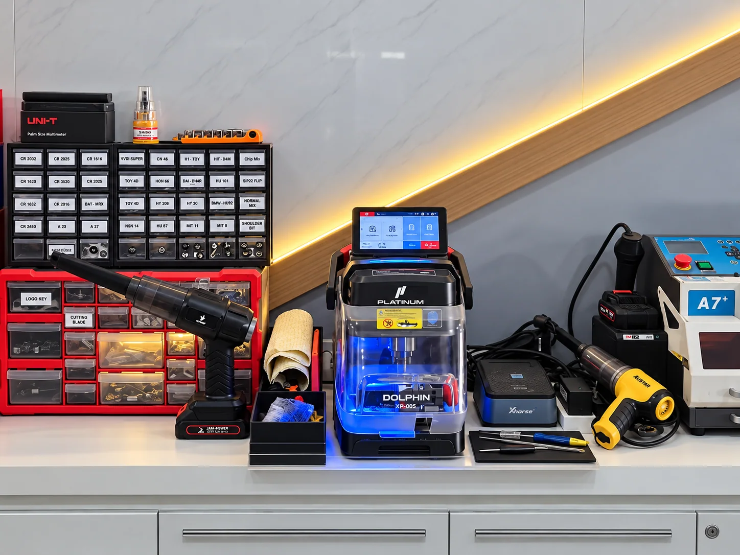 Workbench Master Kunci dengan mesin robotic CNC Dolphin dan alat programming immobilizer