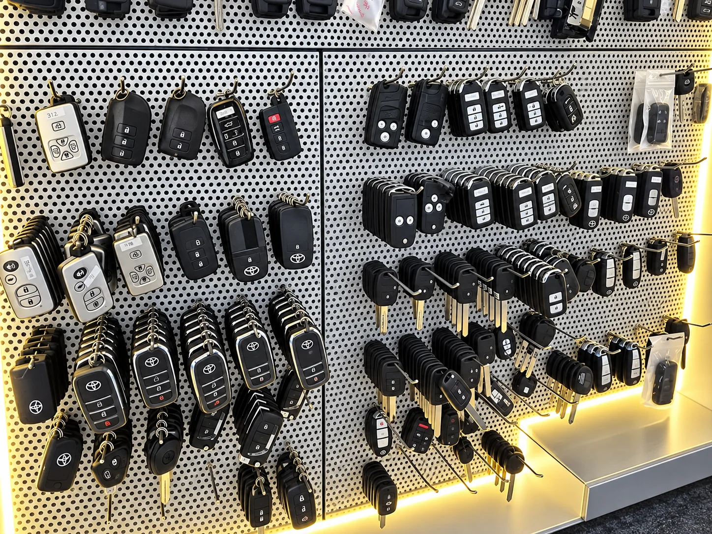Dinding display berisi banyak casing, remote, dan smart key mobil
